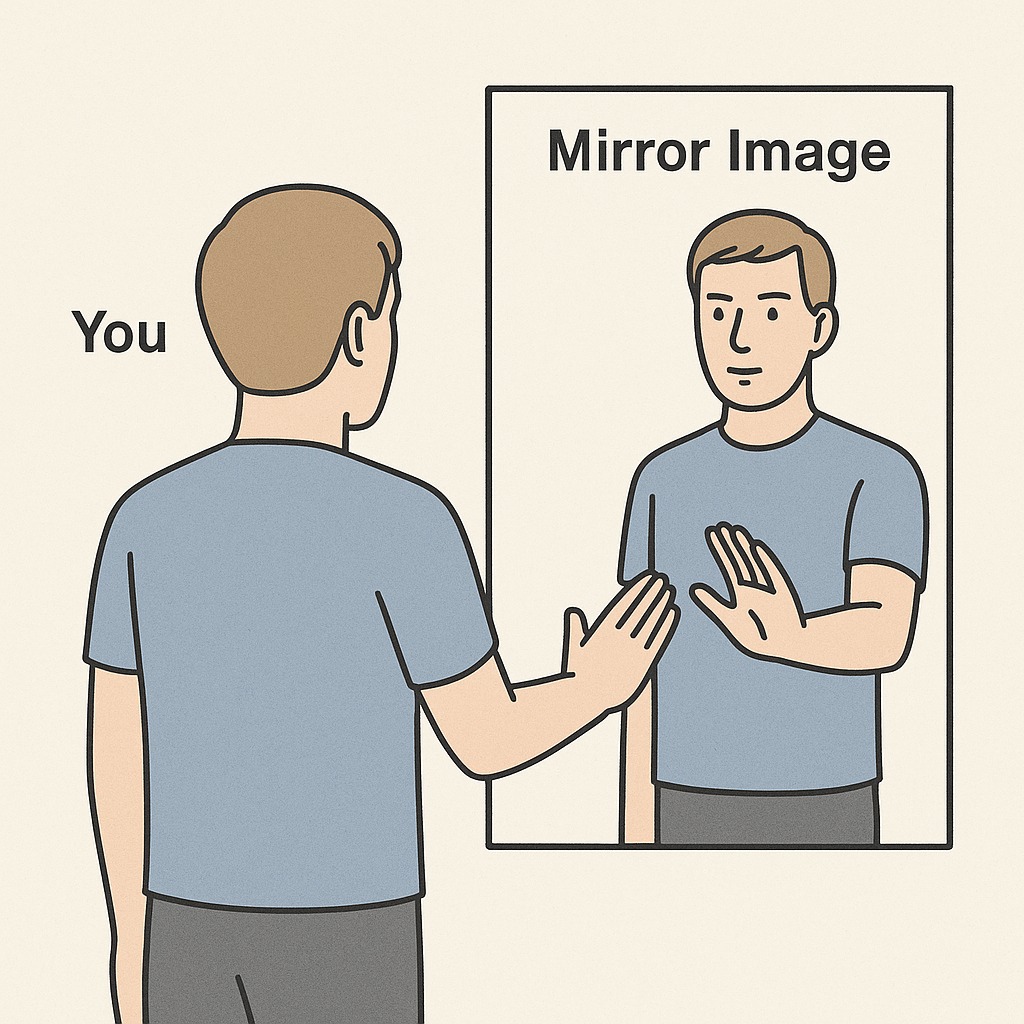 手を挙げた男性が鏡の中では左右反転している様子