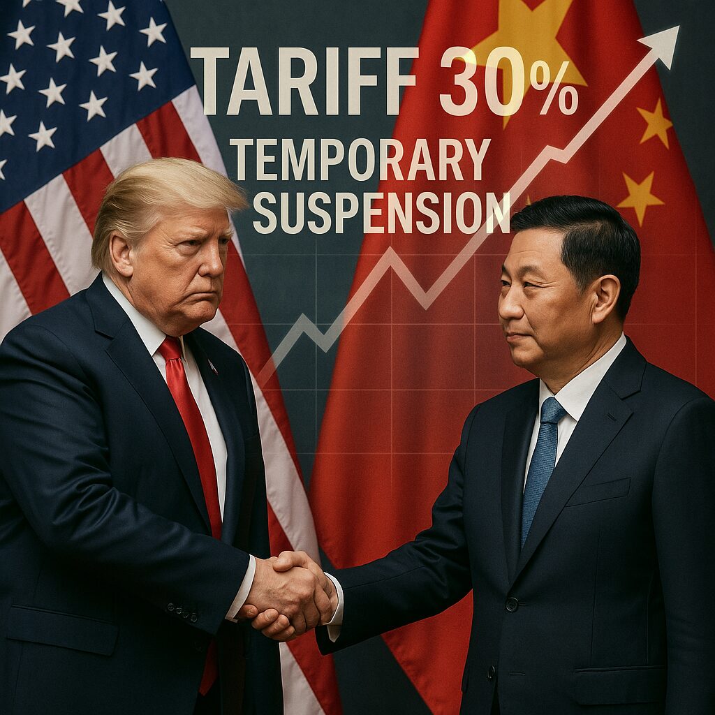 アメリカのトランプ大統領と中国高官が握手し、背後に両国の国旗と「TARIFF 30%」「TEMPORARY SUSPENSION」の文字が表示された、関税合意を象徴するリアルな外交写真風イメージ。