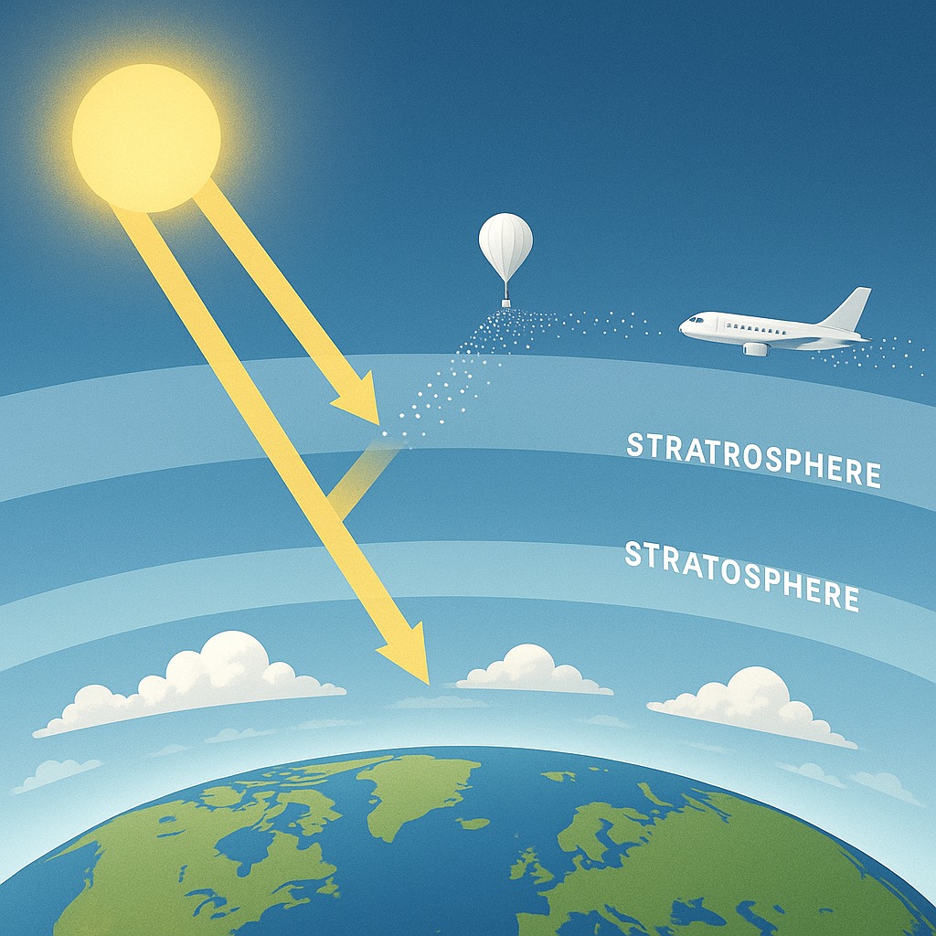 成層圏エアロゾル注入による太陽光の反射メカニズムを示した断面図
