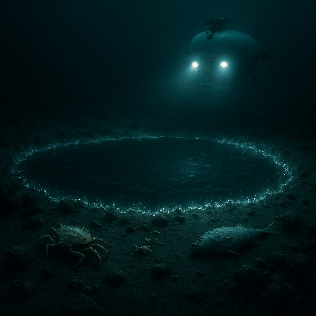メキシコ湾の深海にある「死のジャグジー」と呼ばれる致命的なブラインプール。深海探査機に照らされた湖の縁に、生物の死骸が横たわっているリアルな情景
