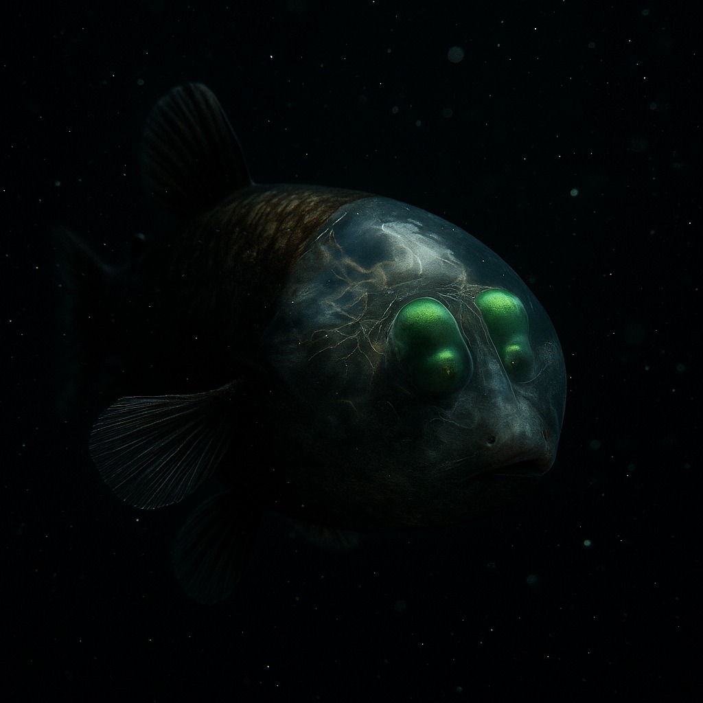 深海魚デメニギスのリアルな画像。透明な頭部に緑の管状の目が浮かび、暗い海中に光粒子が漂っている。