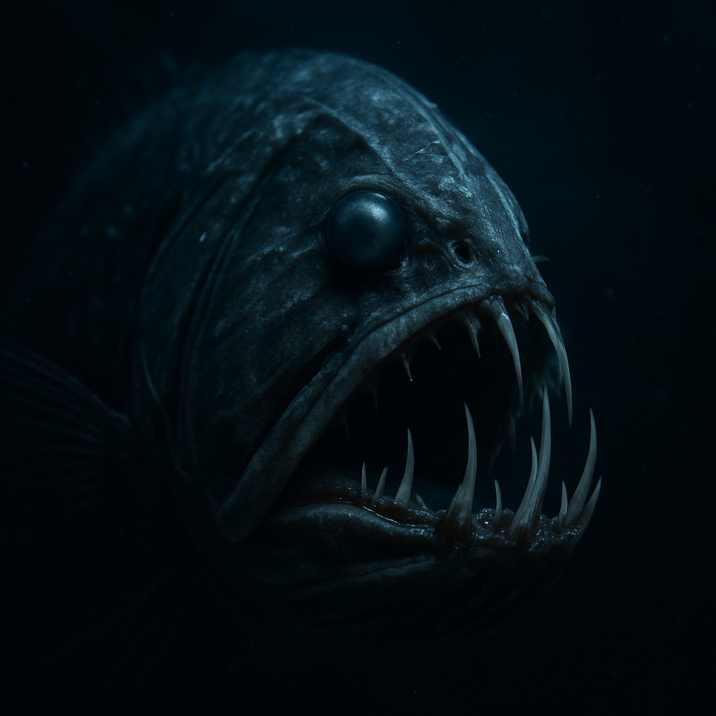 深海魚オニキンメの迫力あるクローズアップ。鋭く大きな歯と沈んだ目が特徴的で、深海の捕食者としての恐ろしさを表現。