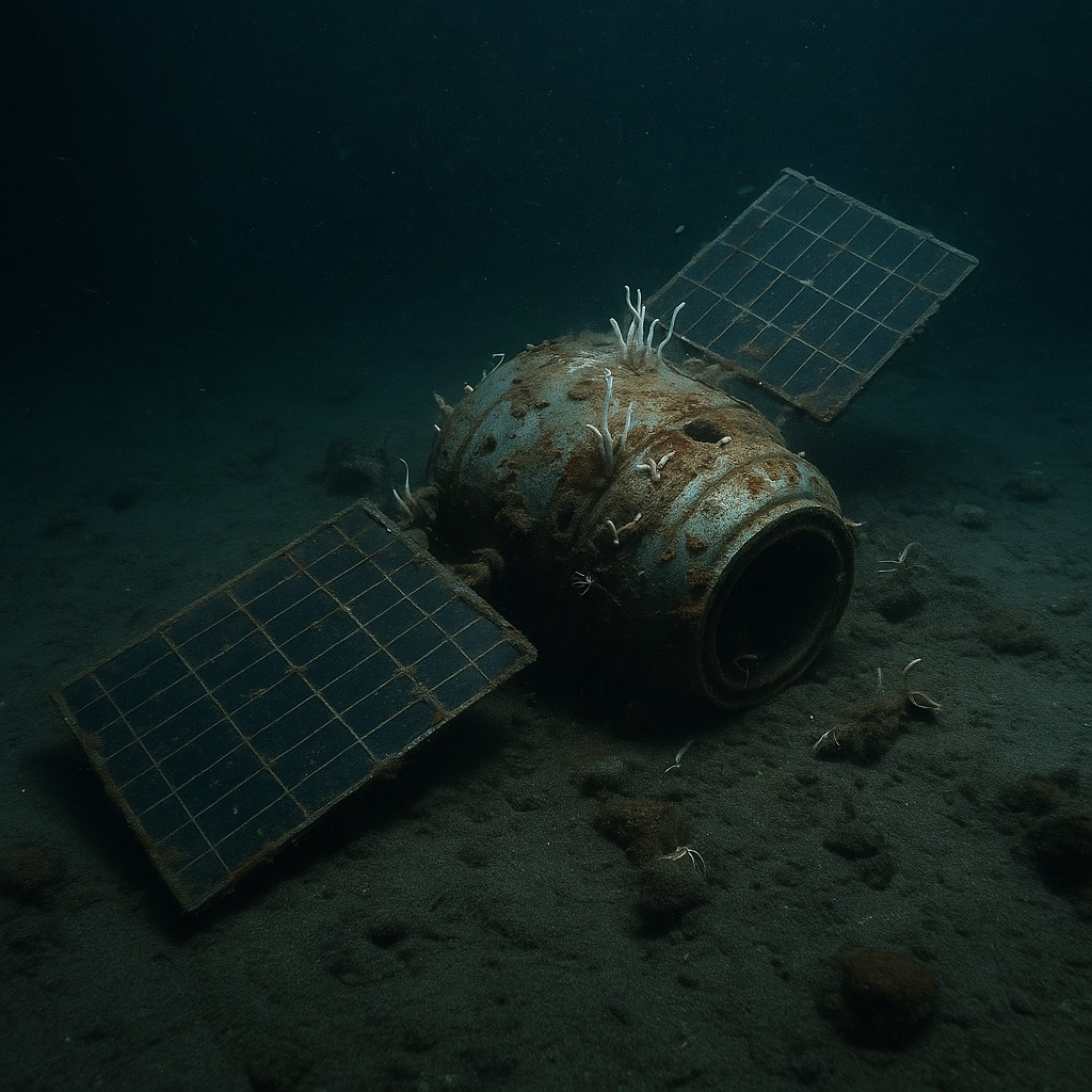 太平洋の深海に沈む古い人工衛星の残骸。パネルが壊れ、サビた金属にチューブワームや小さな海洋生物が集まる不気味で静かな海底の光景。