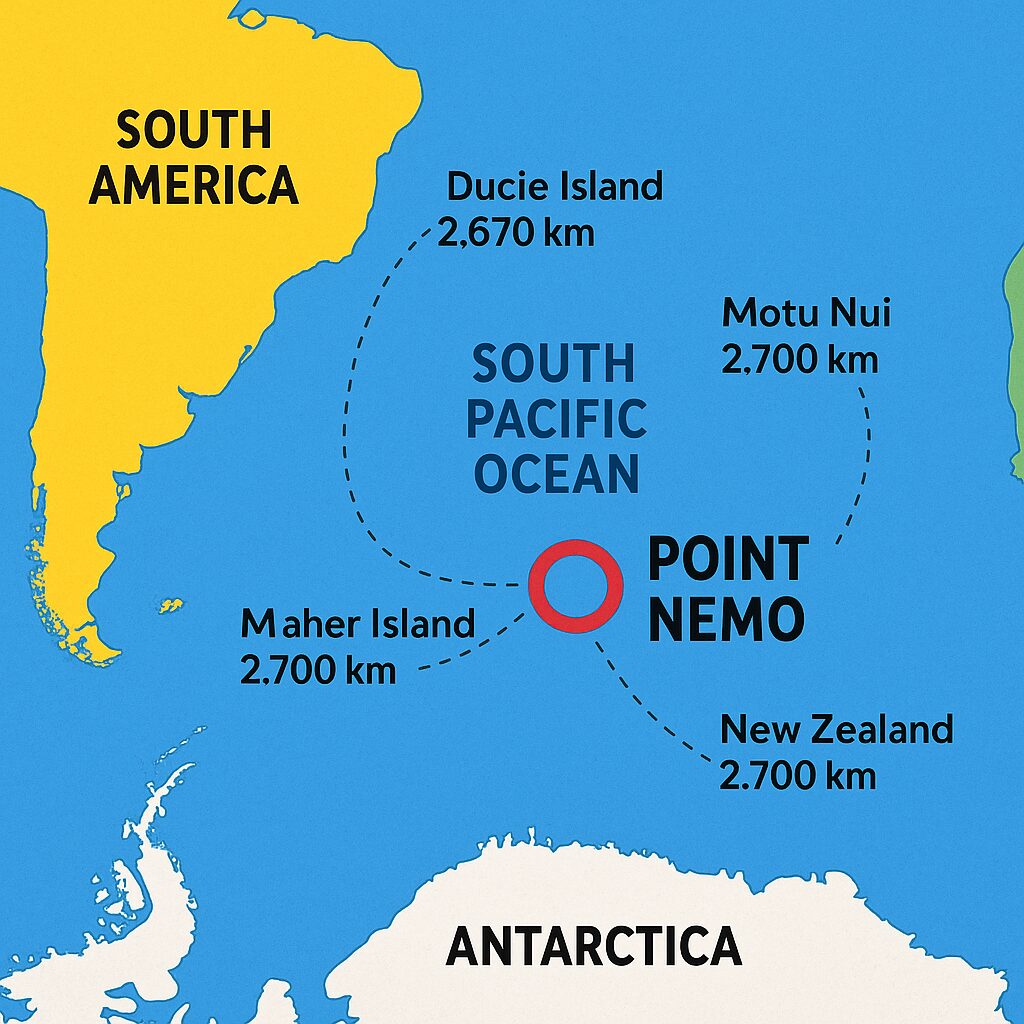 南太平洋の地図にポイントネモの位置を赤い点で示した図。周囲の陸地や最寄りの島までの距離も線で表示された学習用インフォグラフィック。