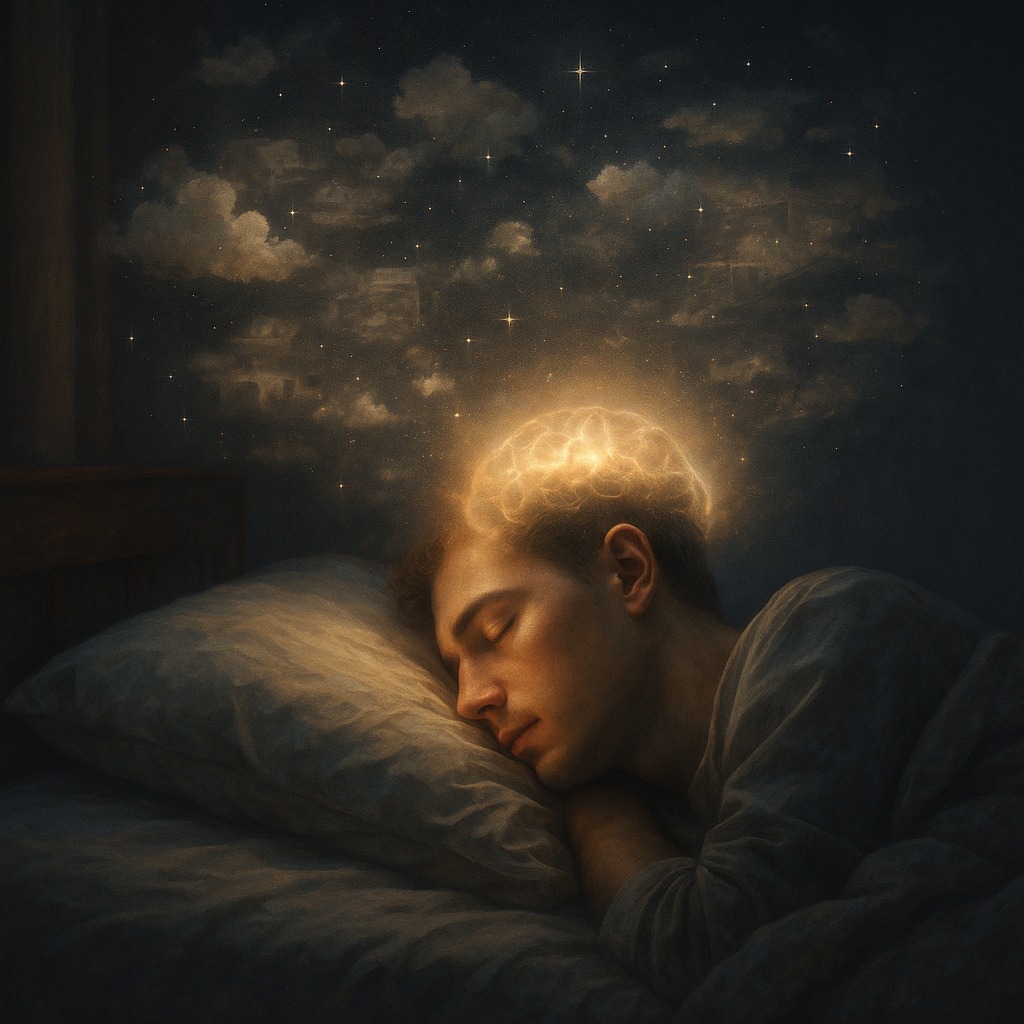 レム睡眠中に眠る人物と、夢を表す幻想的なイメージが浮かぶ部屋のリアルな光景