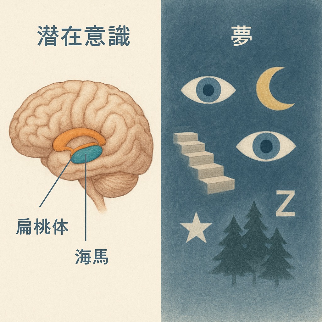 扁桃体と海馬の脳活動と、潜在意識が夢に現れる様子を示す図解