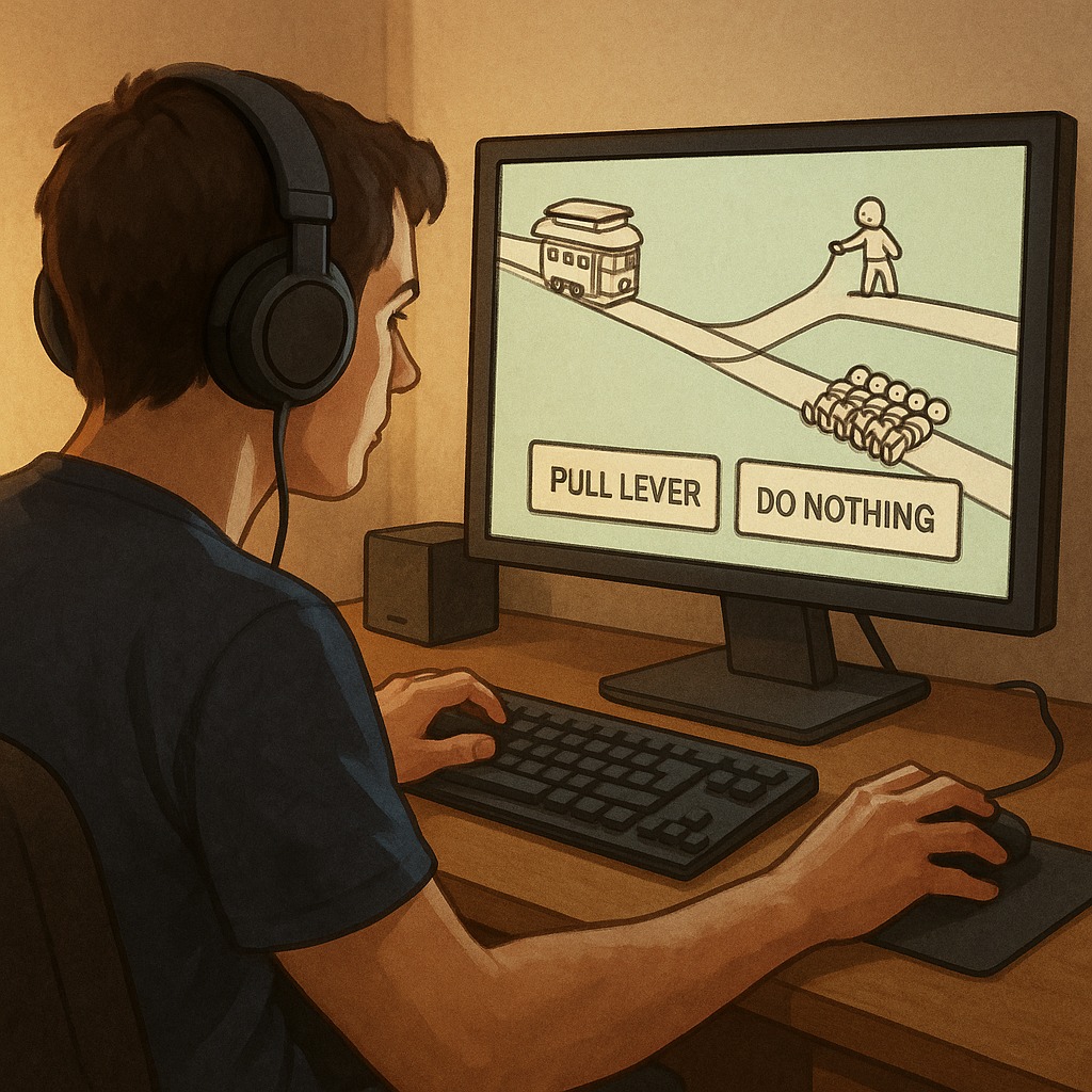 トロッコ問題ゲームをパソコンでプレイしている様子。分岐の選択肢が表示された画面を真剣に見つめる。