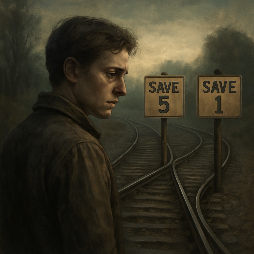 A hyper-realistic digital illustration of a person standing at a split railway track, contemplating two signs: one reads "Save 5", the other "Save 1". Their face is pensive, reflecting a deep moral dilemma. Atmospheric lighting, thoughtful tone.