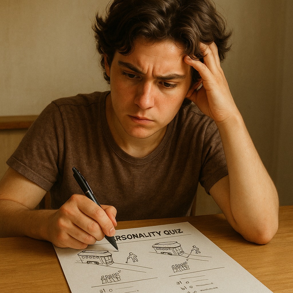A realistic digital illustration of a thoughtful young adult sitting at a desk with a printed personality quiz in front of them. The quiz paper shows simple trolley diagrams and multiple-choice options. A pen is in hand, and their face shows deep concentration. Warm, natural lighting.