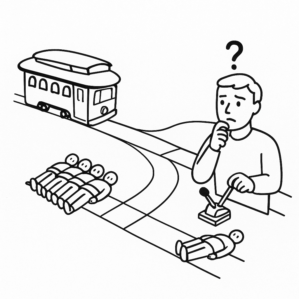 トロッコ問題の基本構造を示す図解。5人と1人がいる線路、切り替えレバーの前に立つ人物が描かれている。