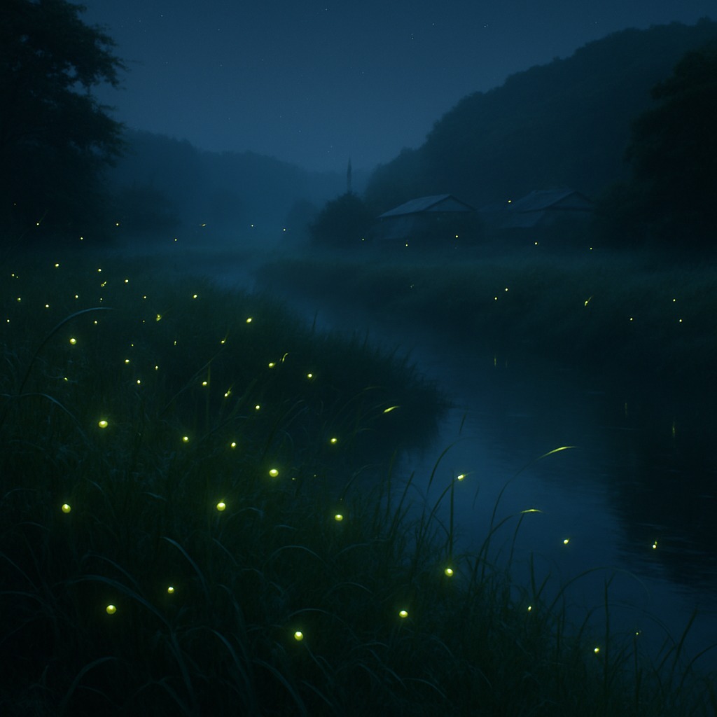 夏の夜の川辺に舞うホタルたちの幻想的な光景。静かな草むらの中に緑色の光が点在している。