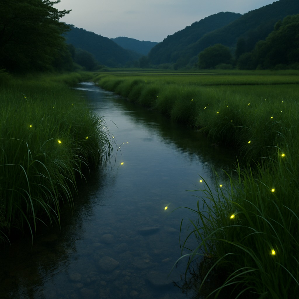 ホタルが生息する清流と草むらの自然環境。夕暮れに光るホタルの姿