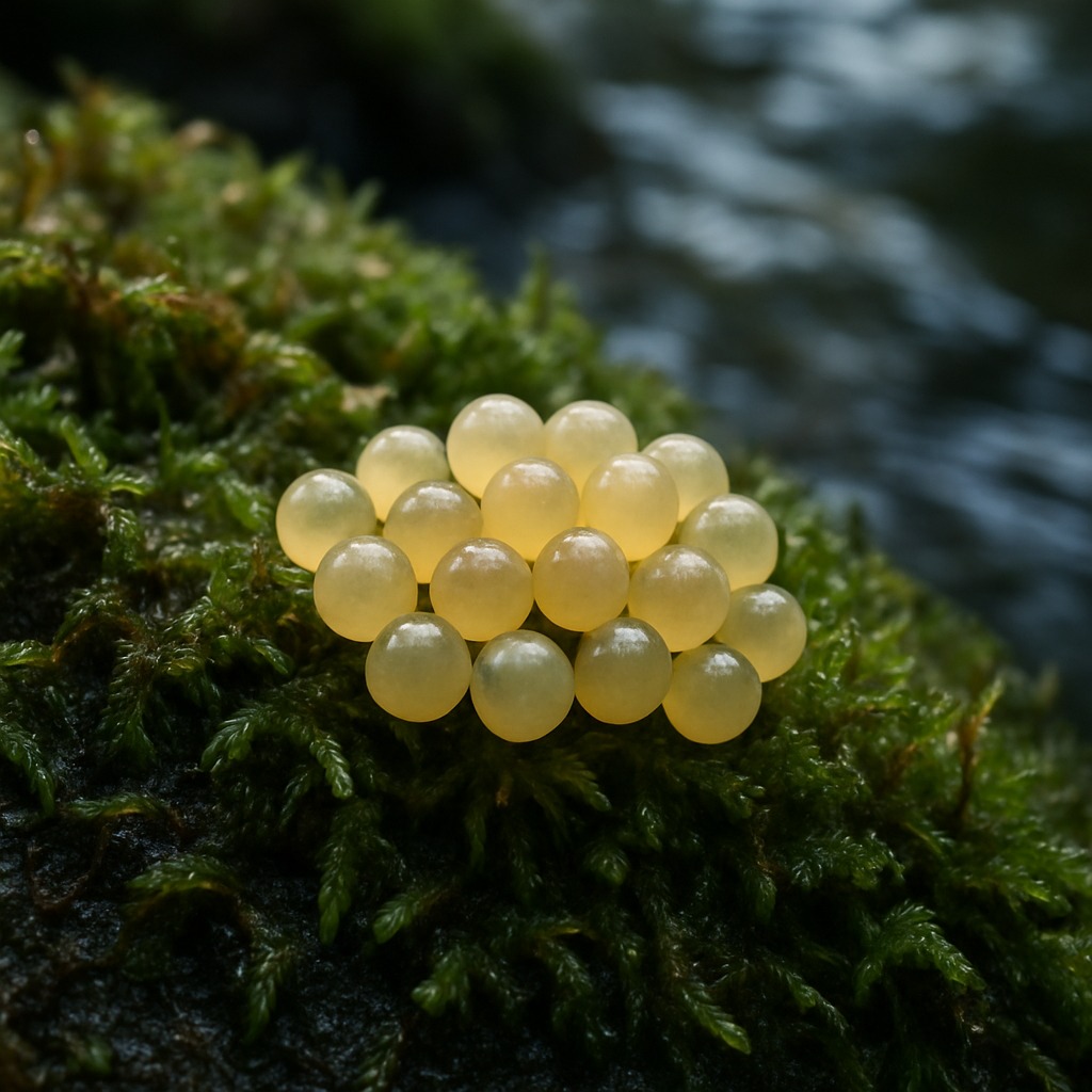 湿った苔の上に産みつけられたホタルの卵の拡大写真