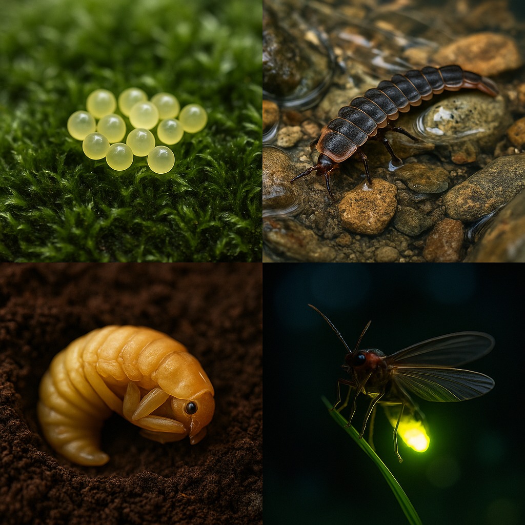 ホタルの一生を示す構成画像。卵、幼虫、サナギ、成虫が自然の中で描かれている。