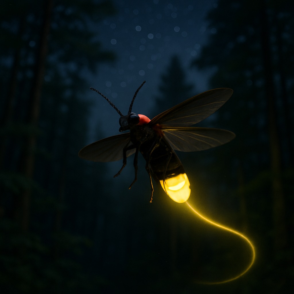 夜の森を飛びながら光を放つホタルの成虫の姿