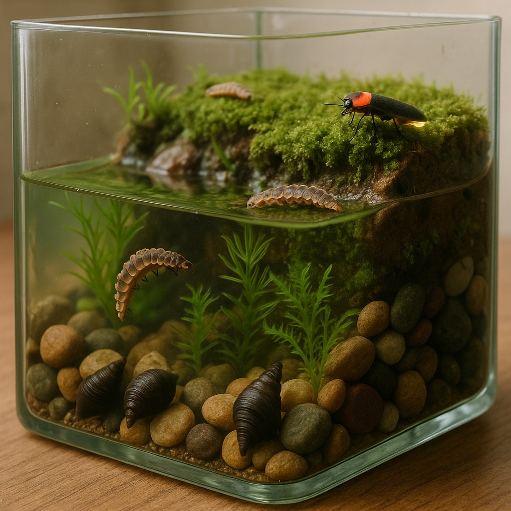 家庭のホタル飼育ケースを親子で観察している夏の夜の風景。水槽には苔や水草があり、ホタルが光っている。