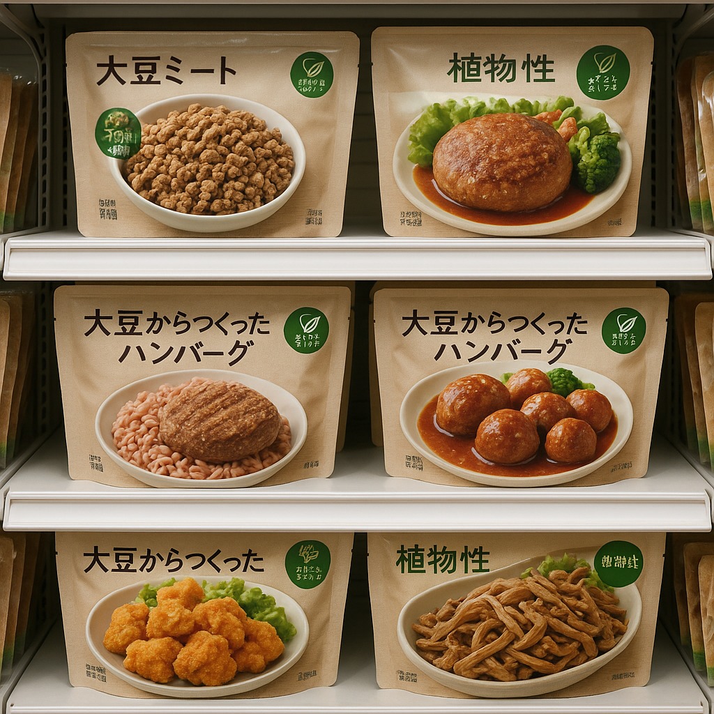 日本のスーパーマーケットで陳列された人工肉商品。パッケージには「大豆ミート」などの表示。