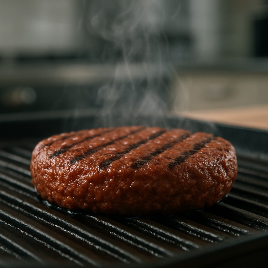 焼き網の上でジュージュー焼かれている人工肉ハンバーグ。肉らしい見た目と湯気が食欲をそそる。