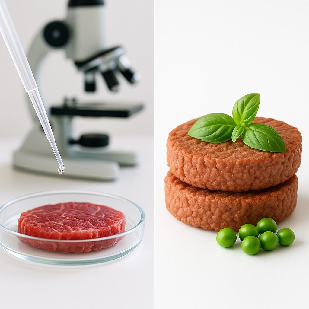 左に実験皿に置かれた培養ステーキ肉、右に植物由来の大豆バーガーパティが積まれた画像。背景にはミクロスコープやグリーンピースなどがある。