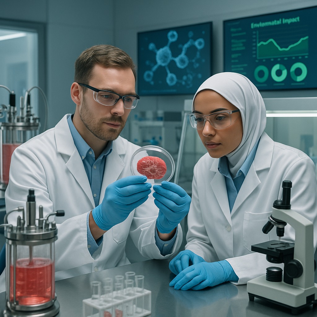 クリーンな研究室で培養肉を観察する科学者たち。背後のスクリーンには分子構造や環境データが表示されている。