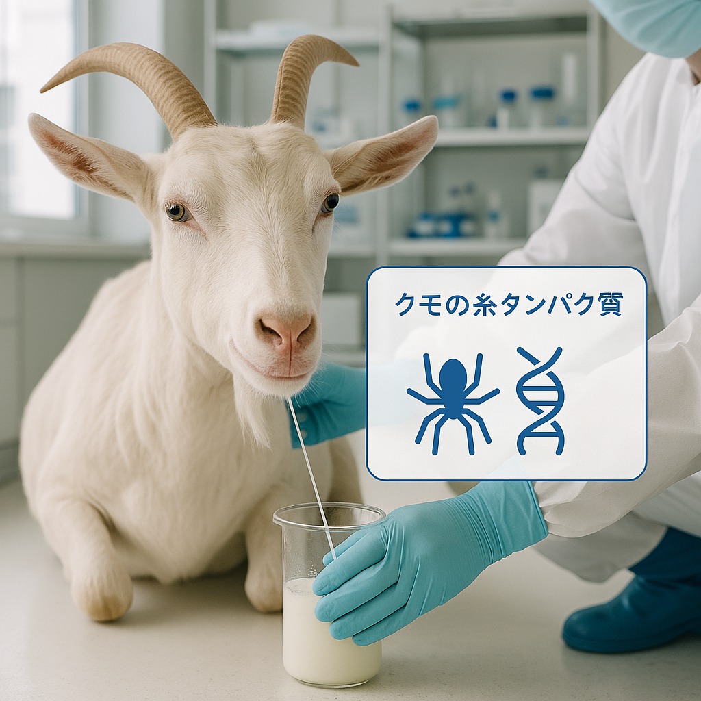 クモの糸のタンパク質を含むミルクを出す遺伝子組み換えヤギの研究風景
