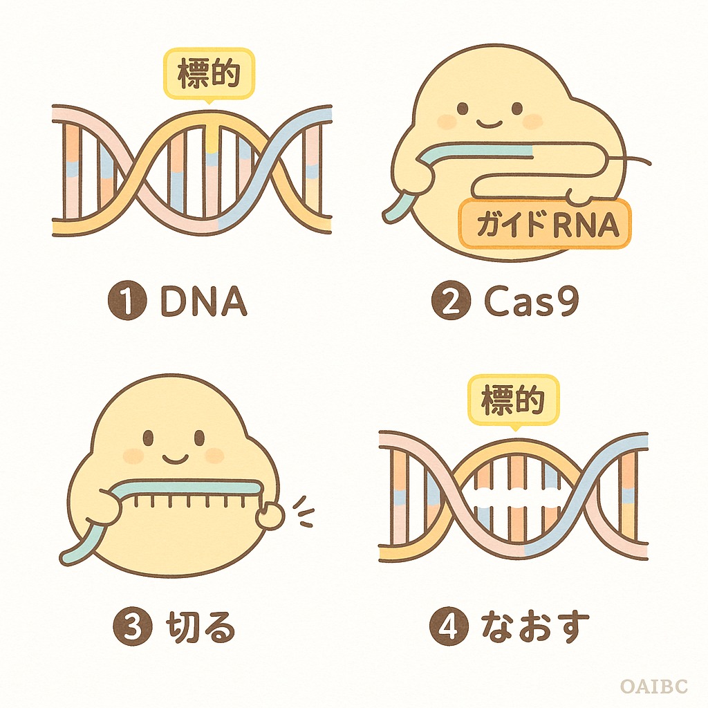 CRISPR-Cas9がガイドRNAでDNAの標的を認識し、切断・修復する流れをやさしい日本語と図で説明した子ども向け解説図