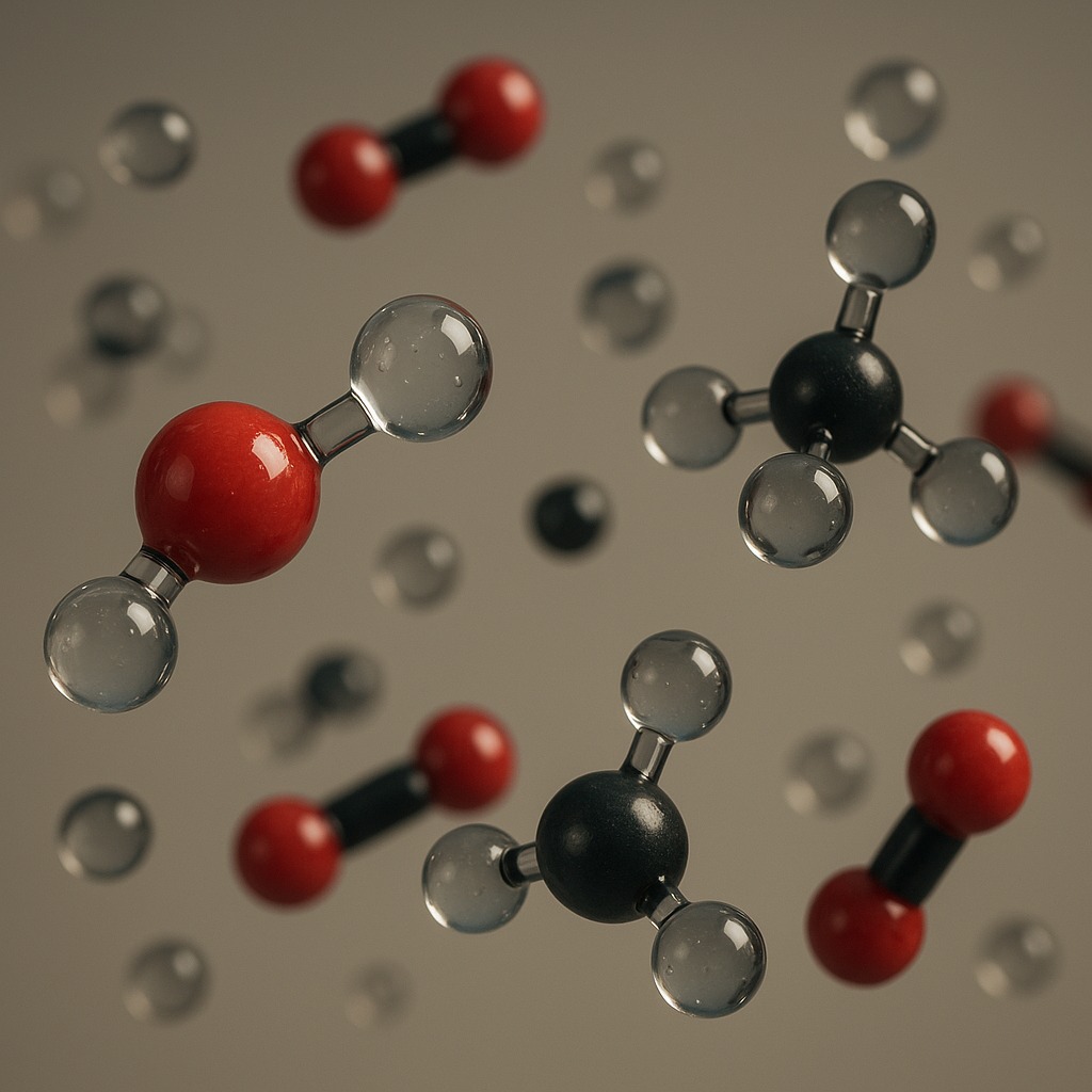 水、二酸化炭素、メタンなどの分子構造を立体的に示した超リアルな科学ビジュアル