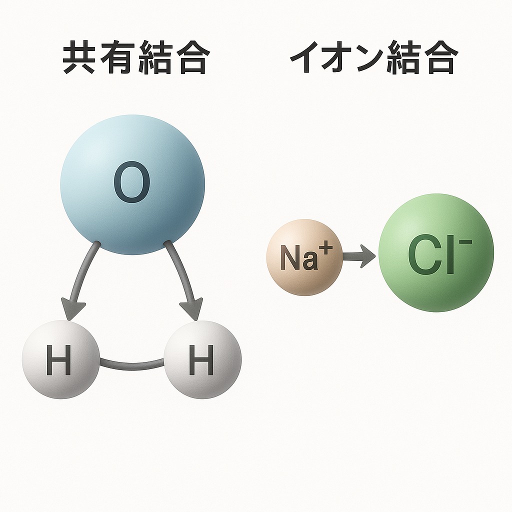 共有結合(水分子)とイオン結合(塩化ナトリウム)の違いを比較した構造モデル図