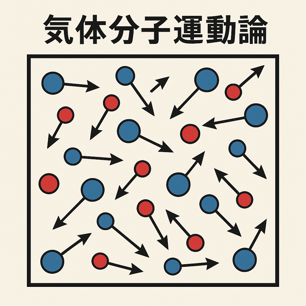 気体分子運動論の基本原理を示した概念図。分子の衝突と圧力発生を可視化