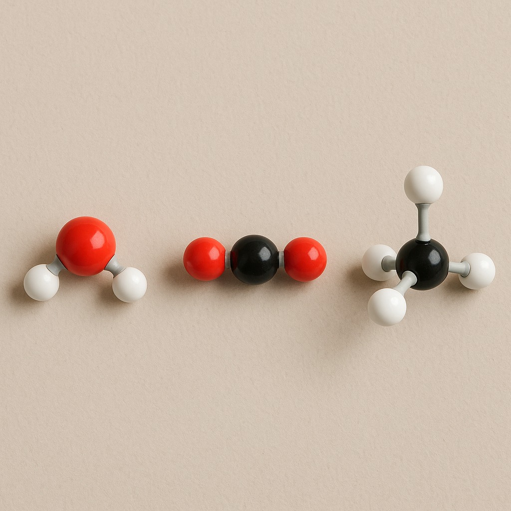 水、二酸化炭素、メタンの分子構造を模型で立体的に再現した比較図
