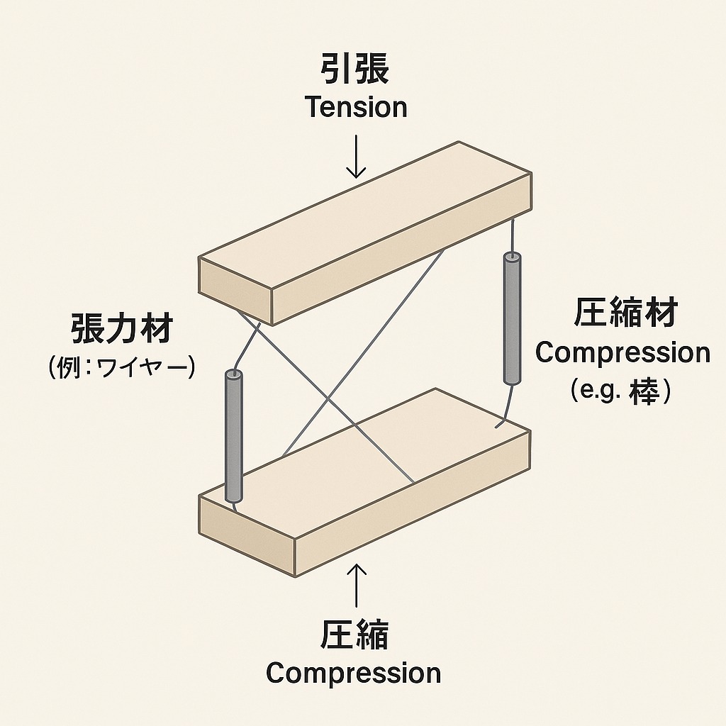 テンセグリティ構造の基本を示す図解。ワイヤーの張力と棒の圧縮によって上下の板が安定する力の関係を、日本語と英語でわかりやすく表現しているイラスト。