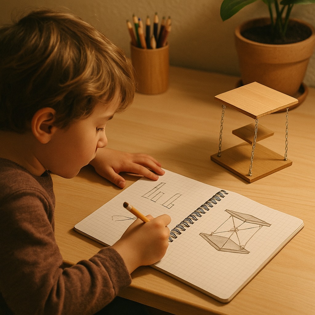 テンセグリティ模型のそばで自由研究ノートに記録をまとめている子ども。図や観察メモを書く学習風景。