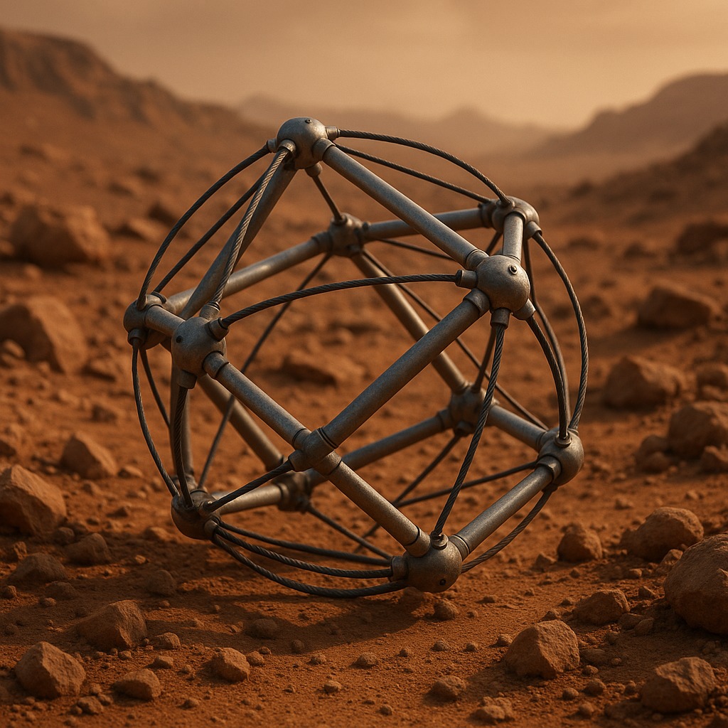 テンセグリティ構造で作られた球体型探査ロボットが岩場に立つ姿。NASAの宇宙開発で注目される構造体の未来的応用。