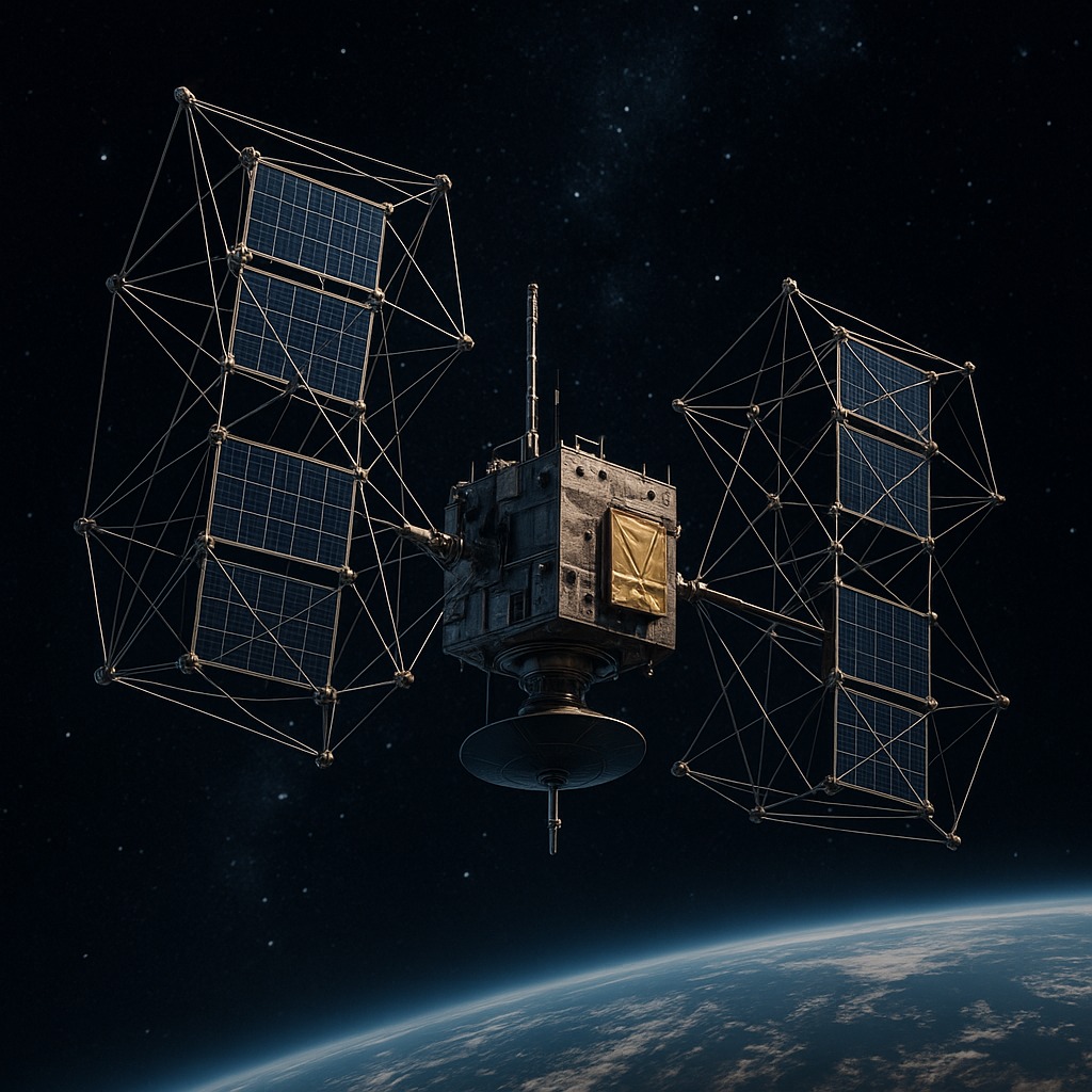 宇宙空間で展開されたテンセグリティ構造のソーラーパネルとアンテナ。軽量かつ展開可能な構造が特徴。