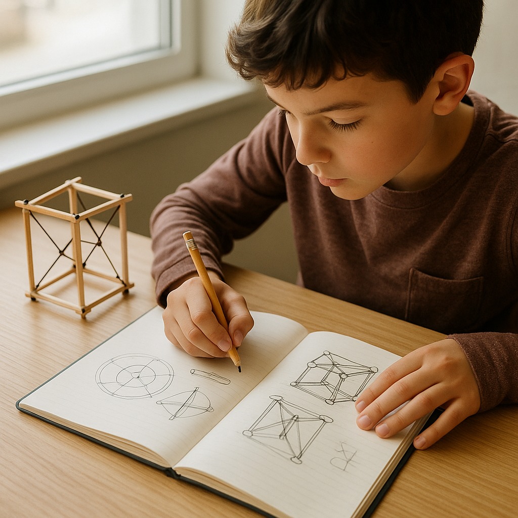 テンセグリティについて自由研究ノートにまとめている小学生。構造のイラストや観察メモを書いている学習シーン。