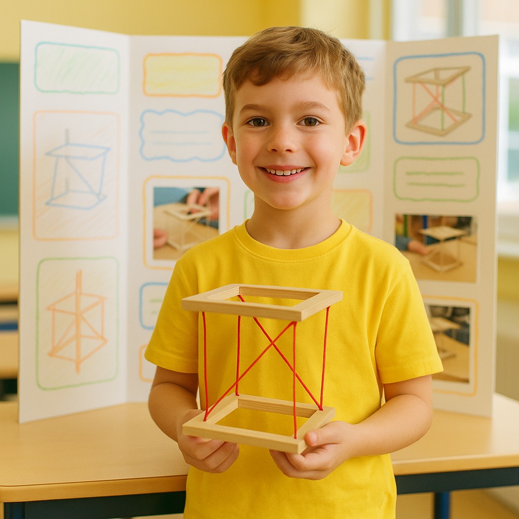 完成したテンセグリティ模型を手に、学校の発表で説明している小学生。背景には工作や観察記録の掲示物が並ぶ。