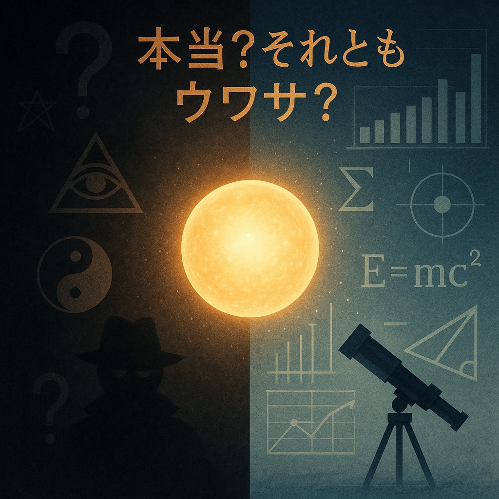 アマテラス粒子をめぐる科学とスピリチュアル、真実と陰謀論の対比を象徴的に描いたリアルなイメージ。「本当？それともウワサ？」の日本語テキスト入り