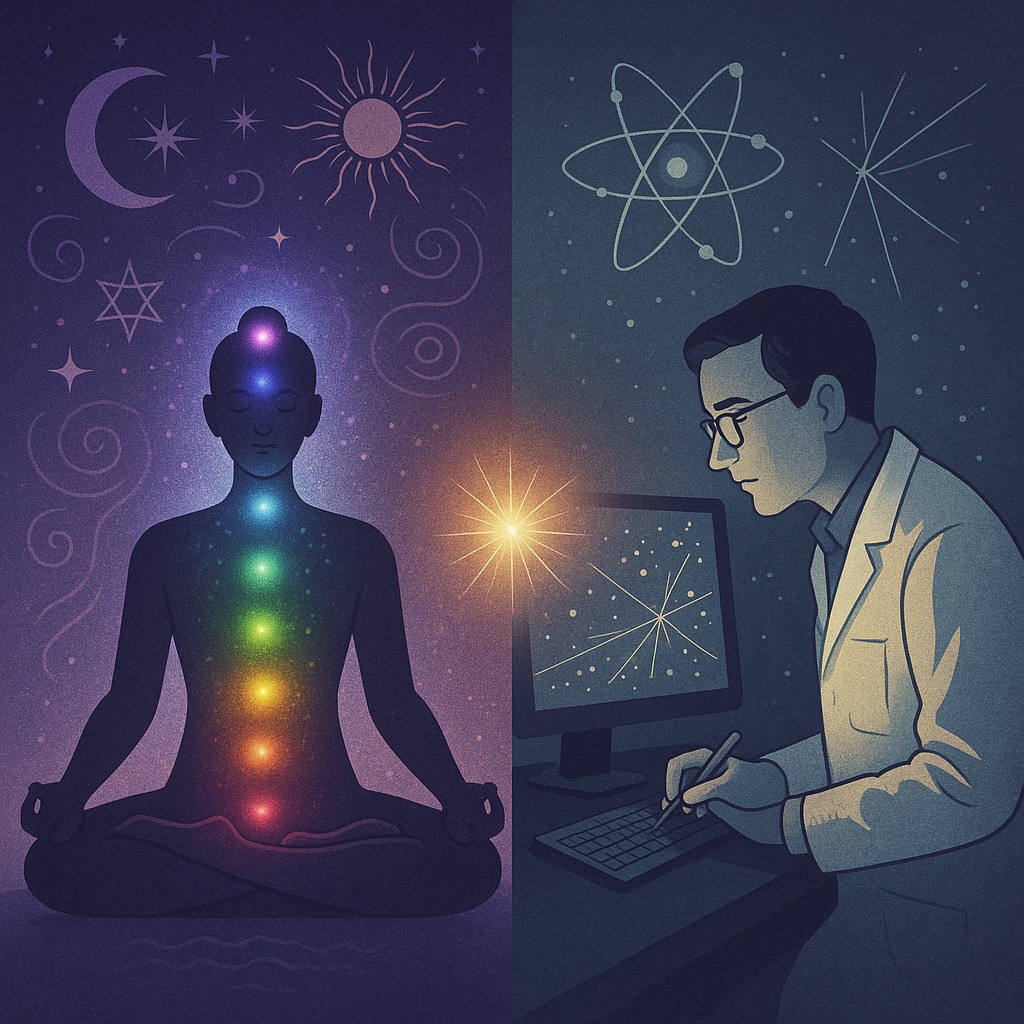 アマテラス粒子をスピリチュアルに解釈する人物と、科学的に調査する研究者を対比した象徴的な構図