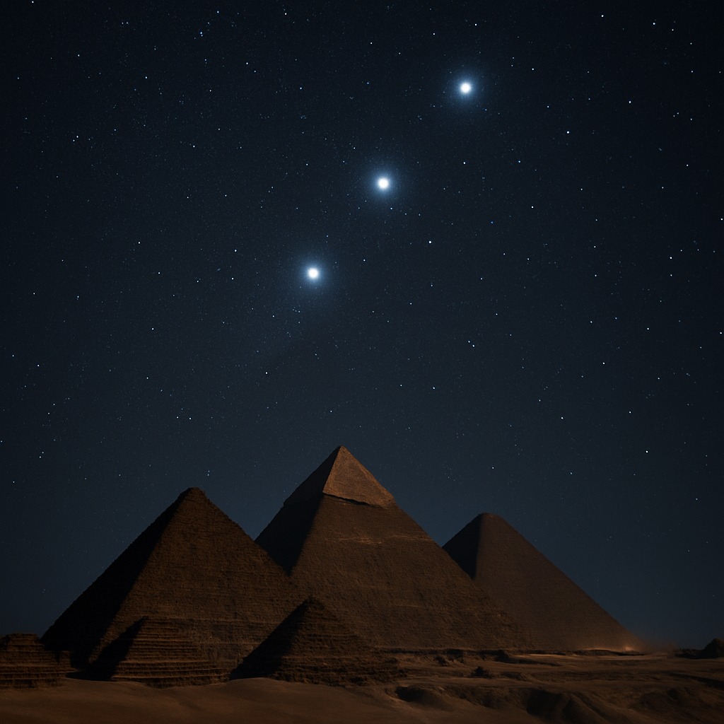 オリオン座の三ツ星とギザの三大ピラミッドの配置が一致する様子を描いた夜景イメージ。