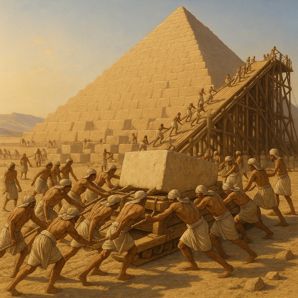 巨大な石を積み上げるためにスロープとソリを使う古代エジプト人の建設風景を再現したイメージ。