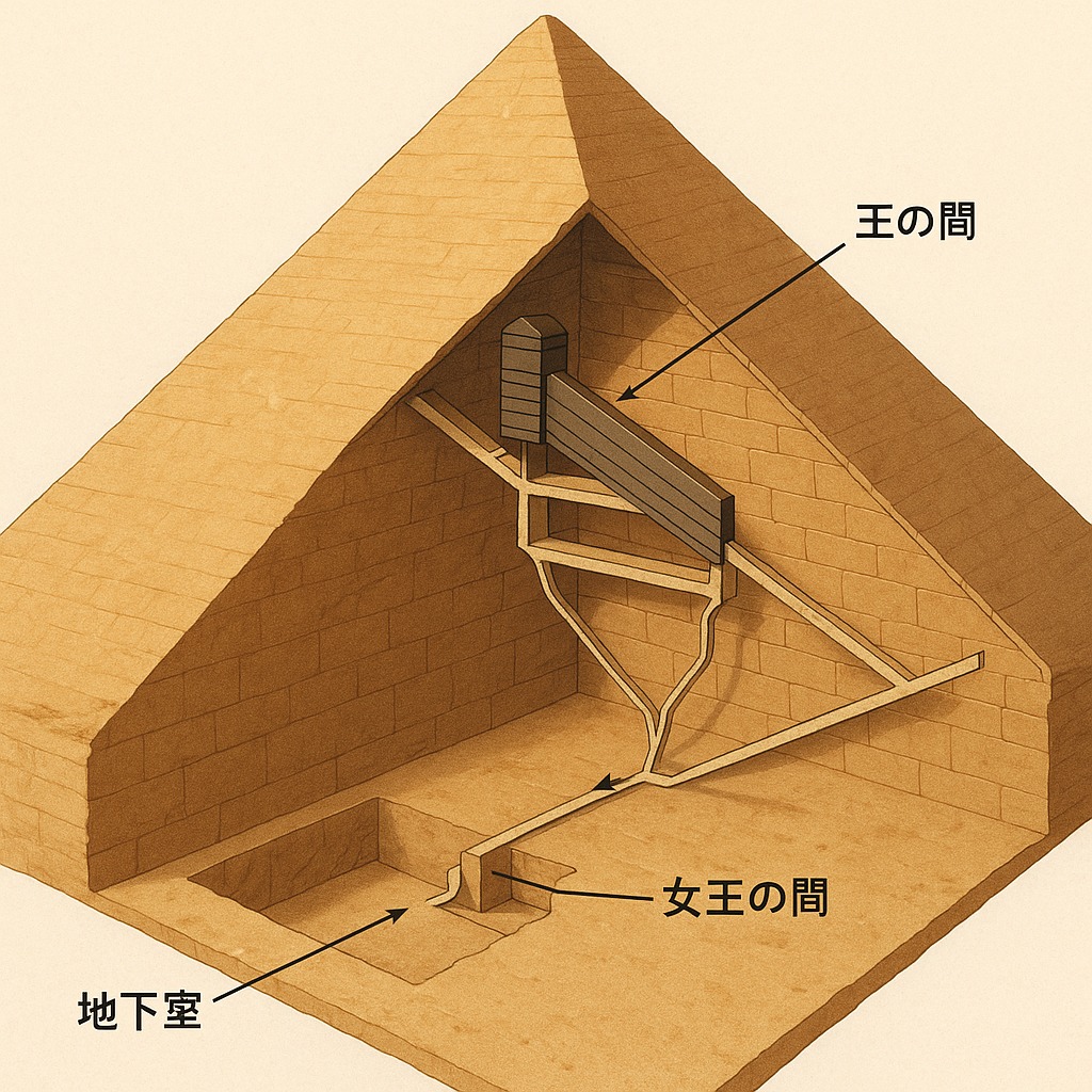 王の間・女王の間・地下室を含むピラミッド内部構造の断面図。日本語ラベル付き。