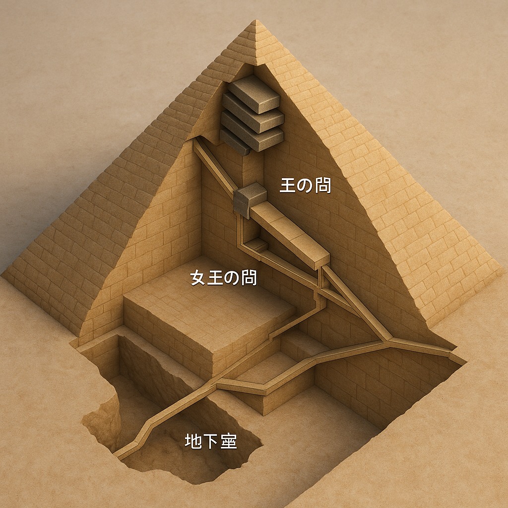 だまし構造を再現したピラミッド内部の3D断面イメージ。通路や部屋の迷路的な配置が特徴。