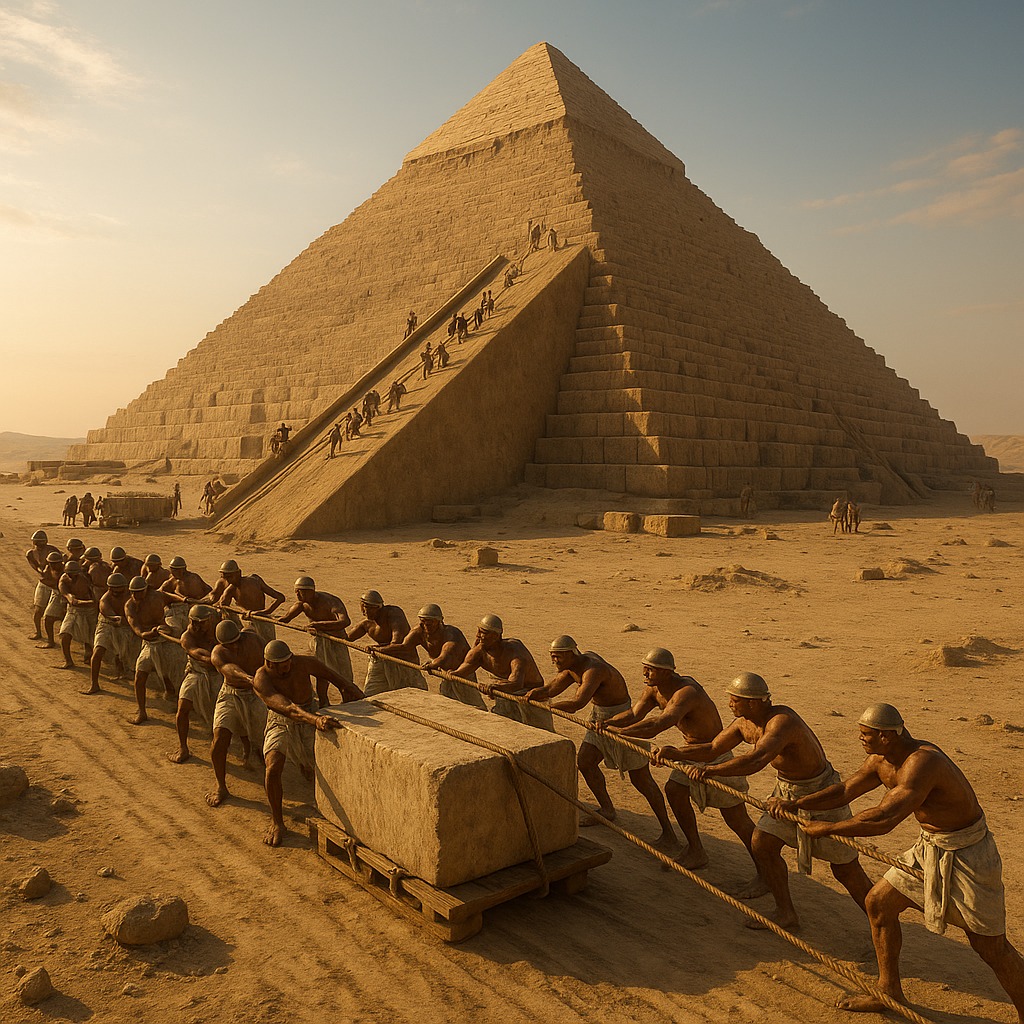 古代エジプトの労働者たちがスロープを使って巨大な石を運んでいるピラミッド建設中の風景。