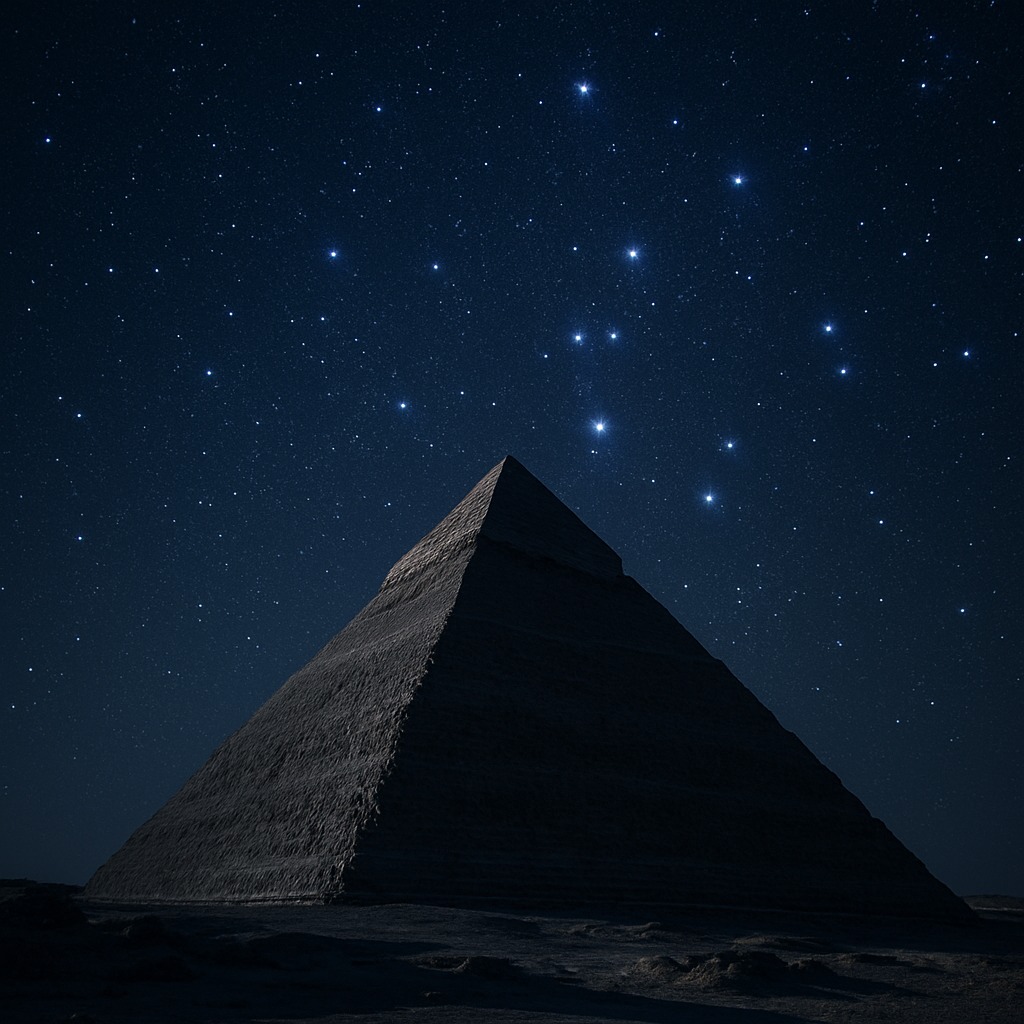 星空の下に立つギザのピラミッドとその上に輝くオリオン座