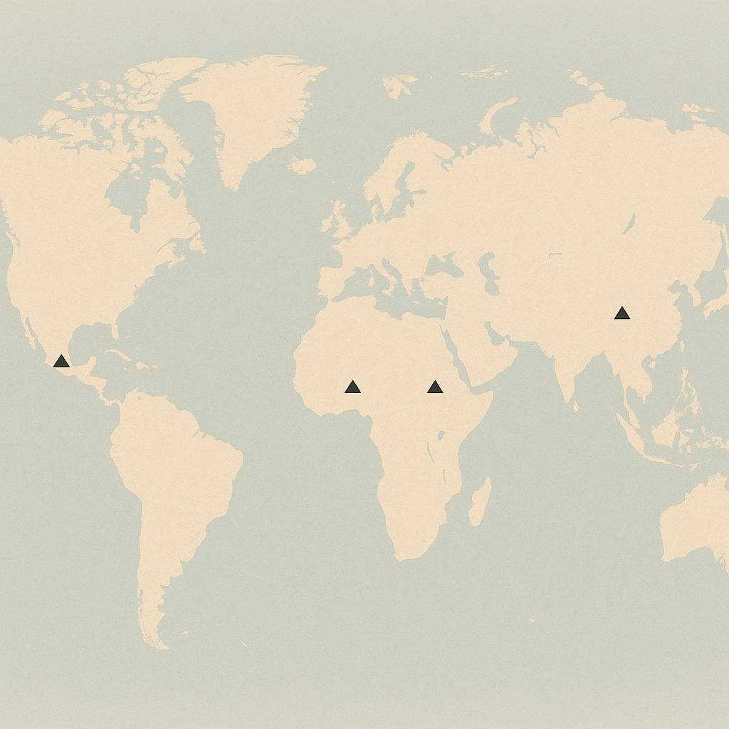 ピラミッドがある場所がマークされた世界地図