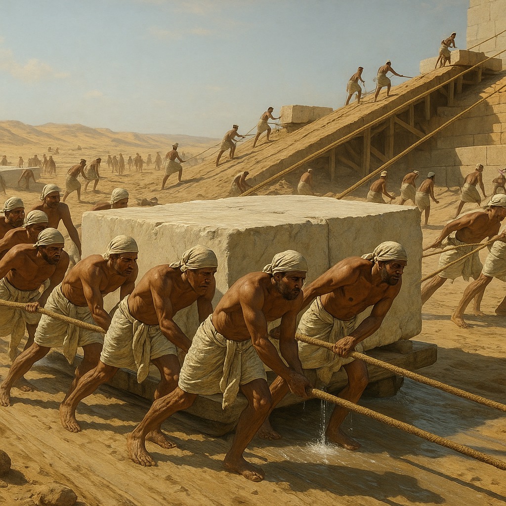 古代エジプト人が石材を運ぶ再現図(そりと水使用)