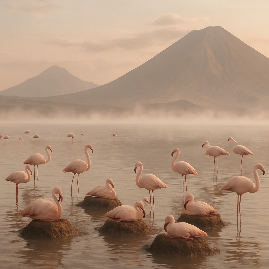 ナトロン湖の浅瀬で営巣するフラミンゴの群れと遠くに見える火山