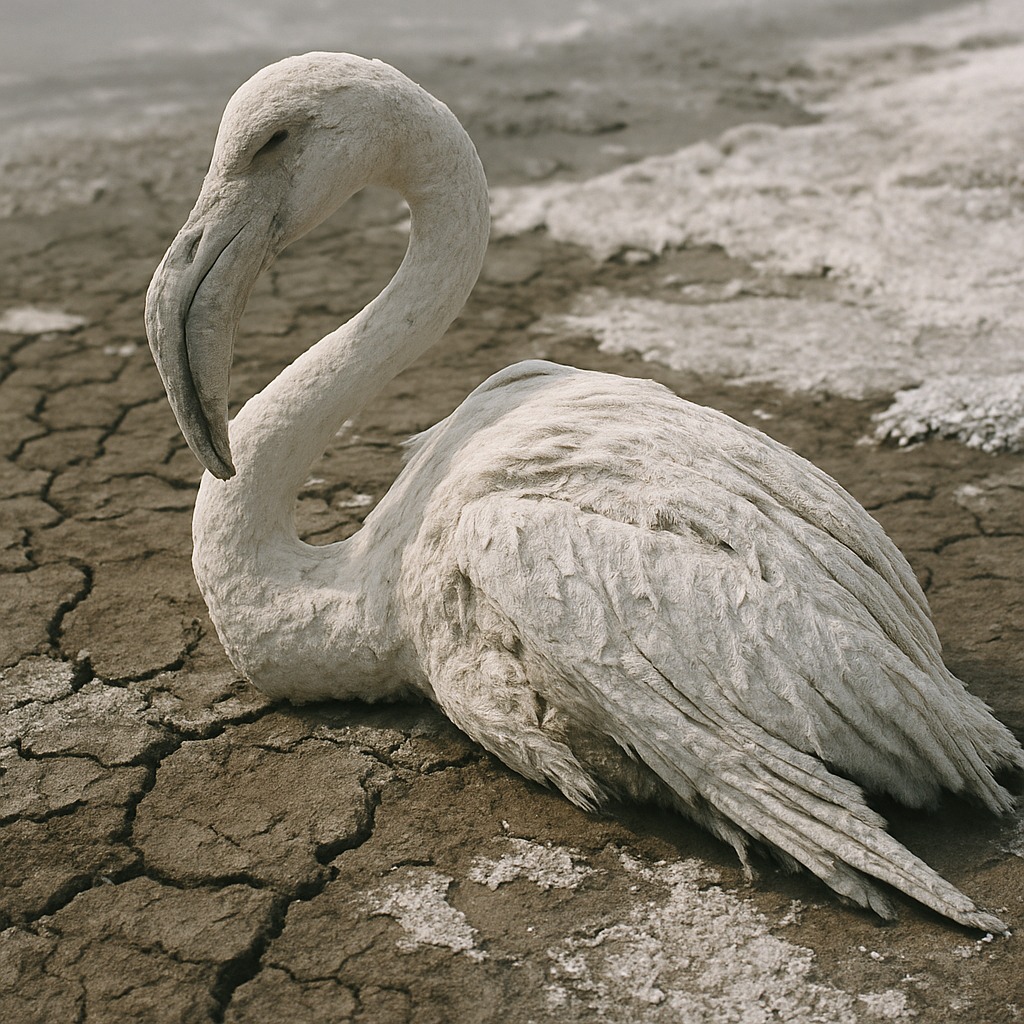 ナトロン湖の湖畔で石化したように見える鳥の乾燥死骸のクローズアップ