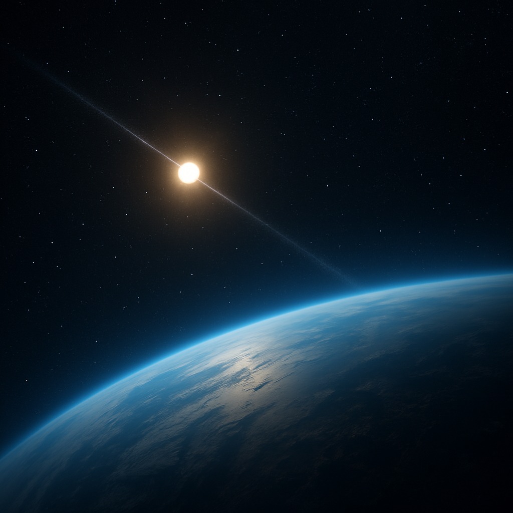 宇宙から飛来するアマテラス粒子を象徴する、地球大気圏に突入する超高エネルギー粒子のイメージ