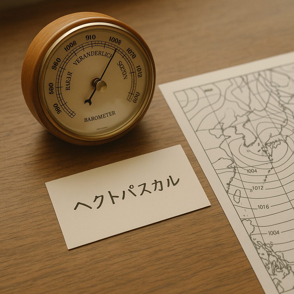 机上の気圧計と等圧線が描かれた天気図、「ヘクトパスカル」と書かれたカード